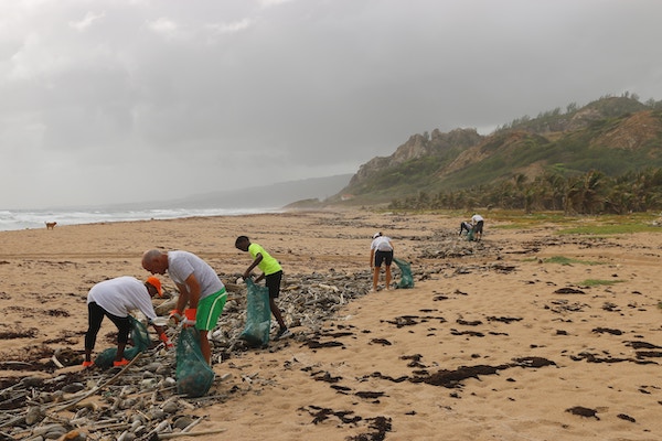 People picking up trash at the beach