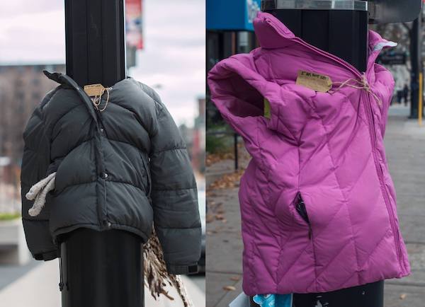 Winter coats on street poles