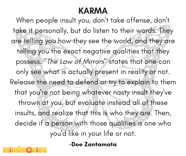 When people insult you, donâ€™t take offense, donâ€™t take it personally, but do listen to their words. They are telling you how they see the world, and they are telling you the exact negative qualities that they possess. â€œThe Law of Mirrorsâ€ states that one can only see what is actually present in reality or not. Release the need to defend or try to explain to them that youâ€™re not being whatever nasty insult theyâ€™ve thrown at you, but evaluate instead all of these insults, and realize that this is who they are. Then, decide if a person with those qualities is one who youâ€™d like in your life or not. - Doe Zantamata