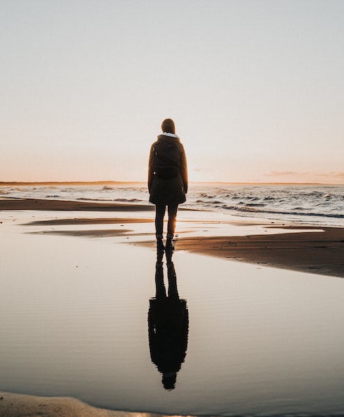 Reflection of Person Standing on Beach